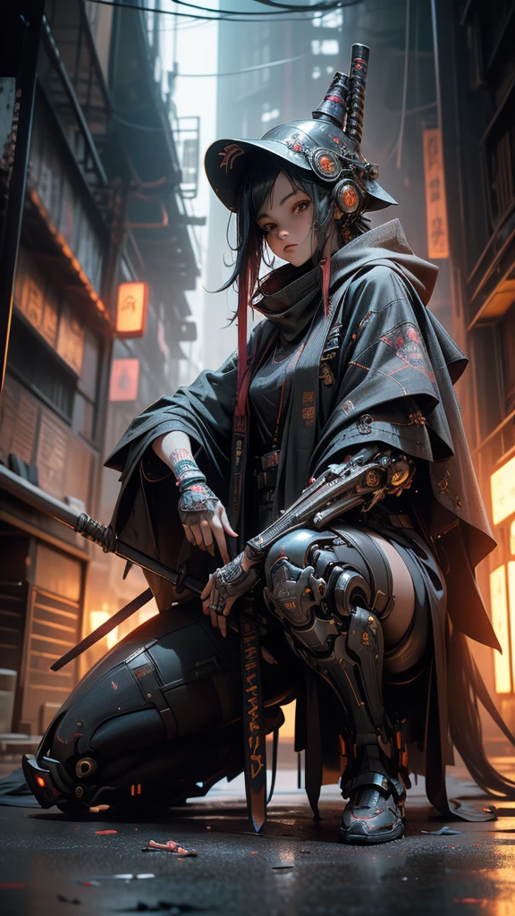 A nomadic robot, in the desert, wearing a disheveled shawl, holding a staff, wearing a large metal hat, rough, rusty, dusty body, thin frame, tall, cyberpunk, Cyborg., Session surreal version of a woman kneeling down on one leg holding a sword in her hand, very beautiful cyberpunk samurai, anime cyberpunk art, cyberpunk samurai, cyberpunk anime art, cyberpunk anime, cgsociety 9, technical cyberpunk anime art number, style of maciej kuciara.1girl, samurai armor, devil mask helmet, intricate, detailed ornaments, cool colors, metallic, Egyptian details, extremely intricate details, luster realistic lighting, trends in cgs society, glowing eyes, facing camera, neon details, surreal details, full body portrait, Japanese atmosphere, global illumination, shadows, rendering octane, 8k, super sharp. cool ta.