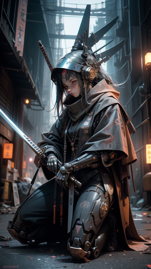 A nomadic robot, in the desert, wearing a disheveled shawl, holding a staff, wearing a large metal hat, rough, rusty, dusty body, thin frame, tall, cyberpunk, Cyborg., Session surreal version of a woman kneeling down on one leg holding a sword in her hand, very beautiful cyberpunk samurai, anime cyberpunk art, cyberpunk samurai, cyberpunk anime art, cyberpunk anime, cgsociety 9, technical cyberpunk anime art number, style of maciej kuciara.1girl, samurai armor, devil mask helmet, intricate, detailed ornaments, cool colors, metallic, Egyptian details, extremely intricate details, luster realistic lighting, trends in cgs society, glowing eyes, facing camera, neon details, surreal details, full body portrait, Japanese atmosphere, global illumination, shadows, rendering octane, 8k, super sharp. cool lolita.
