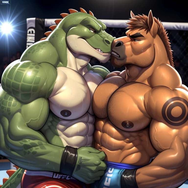 Duo male(Green Gator vs Brown Horse, handsomes, tails, Thick eyebrows), gay(Lying down, Stomped, embraced, cuddling, hot abs frottage, face to face, kissing each other, on a UFC match), hot(Shirtless), handsomes(They are handsomes, correct anatomy), musculosos(Big muscle bodies, Six packs, muscle abs, big pecs, muscle backs, muscle legs), sweaty(very sweaty wet bodies, shiny sweat), tatuajes(they have tattoos), Grumpy(Both have an grumpy expression, growling, grumpy teeths, steaming breath), UFC gloves(They both are wearing UFC gloves), UFC boxers(They both are wearing UFC boxers), Hight resolution, by(Zourik:1.1) 