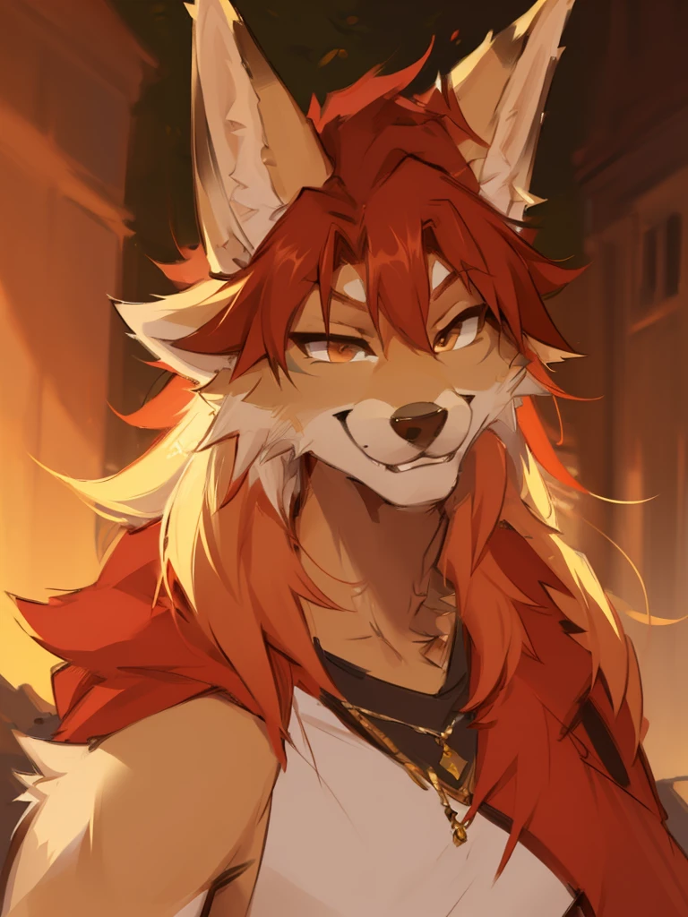 anthro furry male coyote red and white tan color fur spikey hair smug expression headshot bust best quality, 4k, (by foxovh, rOSS tran, pino daeni),