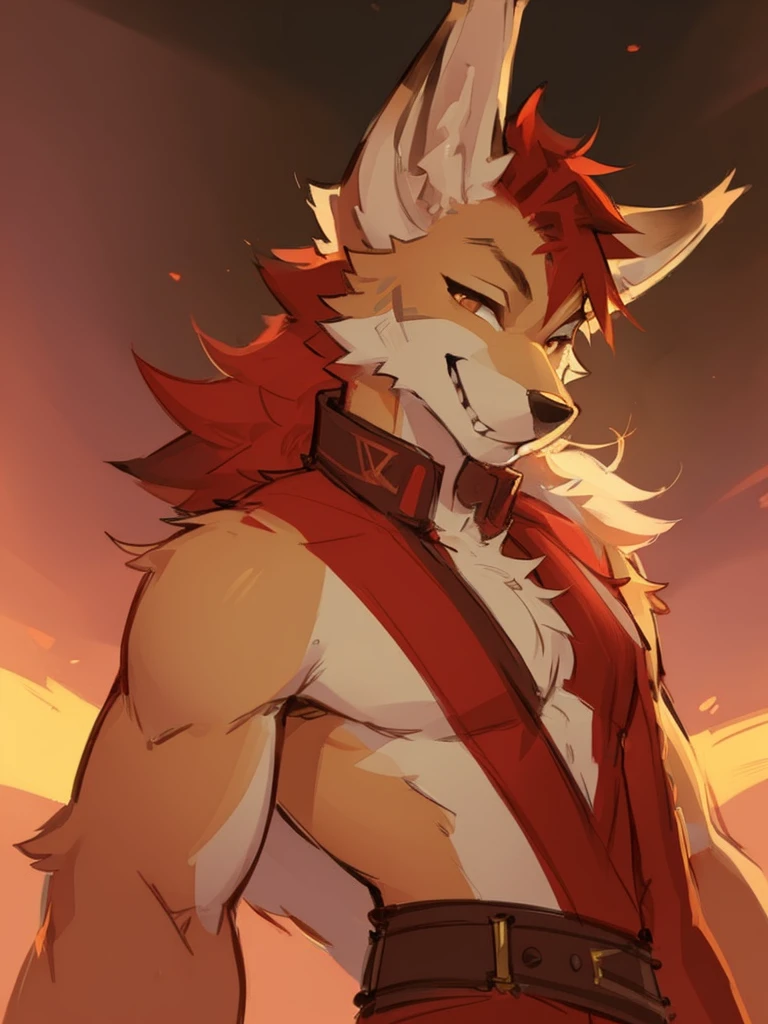 anthro furry male coyote red and white tan color fur spikey hair smug expression headshot bust best quality, 4k, (by foxovh, rOSS tran, pino daeni),
