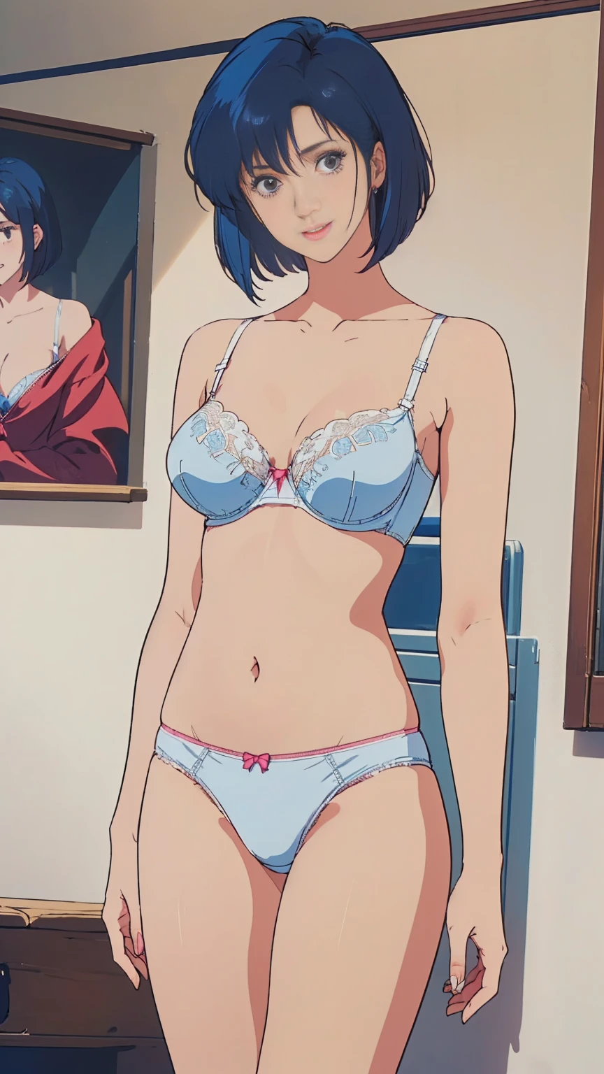 ((masterpiece)), (((Highest quality))), ((Reference Sheet, Character Design)), Highest quality, masterpiece, Ultra-high resolution, Original photo, Ultra-high resolution, Three beautiful women, Blue hair, bob cut, Big smile, Wearing a white and pink lace bra, Wearing white and pink lace panties, (elaborately designed luxury panties for adults, panties high definition images, draw panties with super precision), (((threads of the seams for panties crotch is visible))), stitch of panties is visible