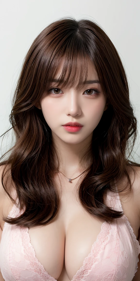 Canon RF85mm f/1.2,masterpiece,best quality,ultra highres,vc,1 girl,(korean mixed,kpop idol:1.2),solo,white_shiny_skin,black eyes,necklace,((brown_long_wavy_hair)),((pink_shiny_lips)),eyelashes,bangs,aface,make-up,shiny,Pore,skin texture,bracelet,offshoulder,see-through,big breasts