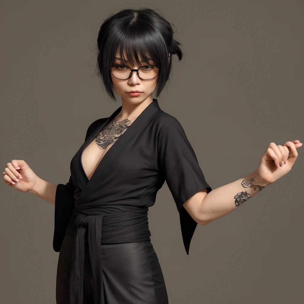 create a white Japanese woman with five arms, bangs, short white hair down to her chin and two strands of hair down to her shoulders, thin, with tattoos all over her body, round black glasses, black kimono with futuristic black pants, all full body, cyberpunk style , she has a serious expression, she has several arms coming out of her back and forming wings with arms crossed over each other, she is holding several katanas
