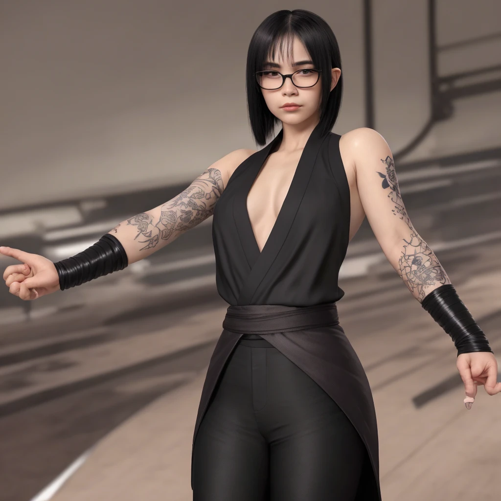 create a white Japanese woman with five arms, bangs, short white hair down to her chin and two strands of hair down to her shoulders, thin, with tattoos all over her body, round black glasses, black kimono with futuristic black pants, all full body, cyberpunk style , she has a serious expression, she has several arms coming out of her back and forming wings with arms crossed over each other, she is holding several katanas