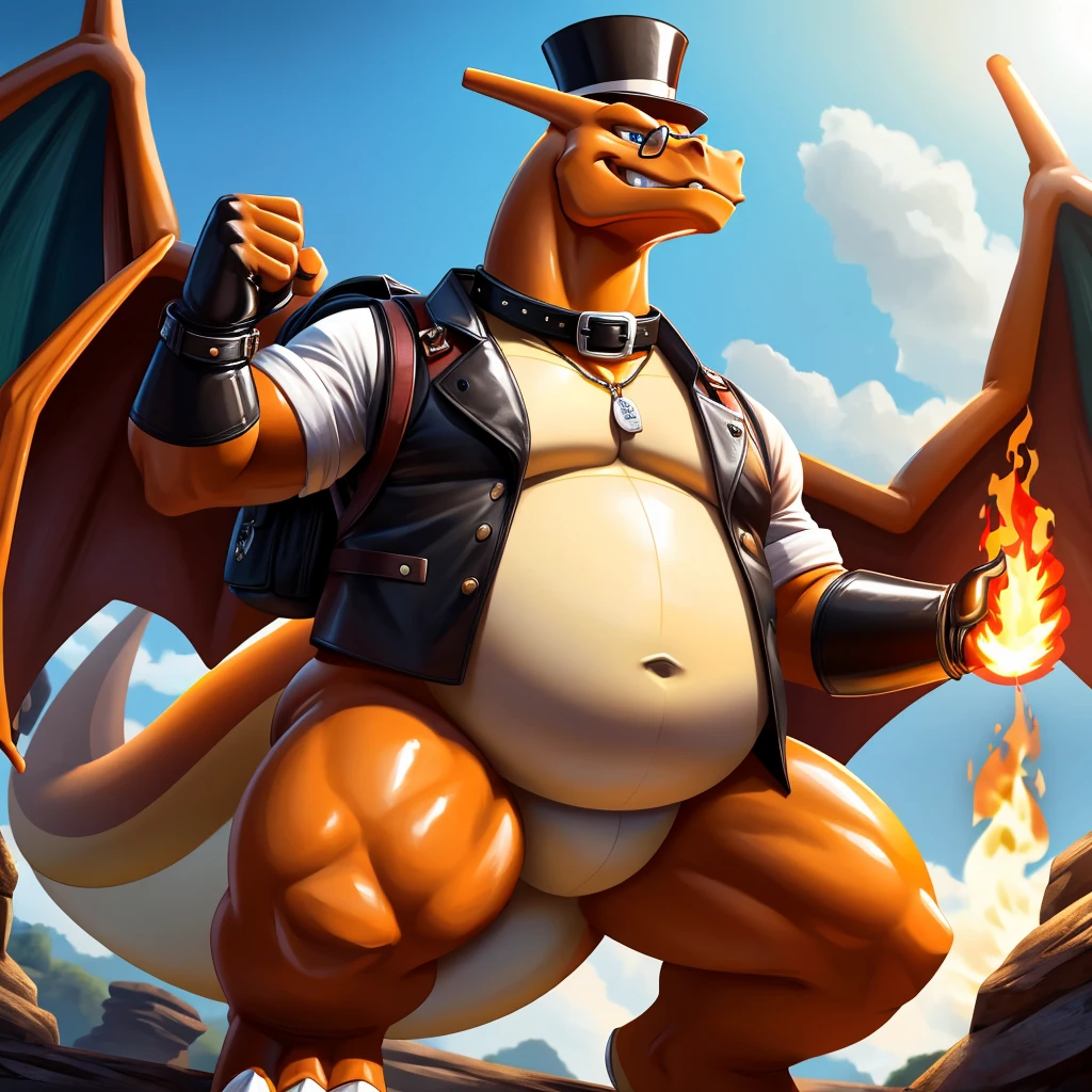 Solo, Male, fat, extremely obese, gentleman, dapper Professor Charizard, blue eyes, (posing:1.3), (soft shading), 4k, hi res, ((detailed face, detailed)), looking at viewer, evil grin, steampunk, collared shirt with buttons, top hat, male focus, Explorer Outfit, glasses, monocle, bag, vest with buttons, backpack, sleeves rolled up, round eyewear, brown headwear, brown vest, Charizard is wearing a glossy leather dog collar around the neck, Charizard is wearing the leather collar and shirt and vest at the same time, Charizard is wearing glossy white rubber gloves on the hands, wearing white rubber gloves on the feet, Charizard is wearing glossy white cuffs around the wrists with cufflinks, gloves are rubber in texture, clenching teeth, clenching fists, leather collar is glossy and shiny with a lot of detail, Charizard is wearing gloves and cuffs and cufflinks at the same time, leather collar has a round dog-tag, leather collar is thick and detailed.