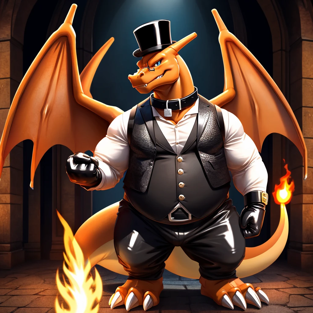 Solo, Male, fat, extremely obese, gentleman, dapper Professor Charizard, blue eyes, (posing:1.3), (soft shading), 4k, hi res, ((detailed face, detailed)), looking at viewer, evil grin, steampunk, collared shirt with buttons, top hat, male focus, Explorer Outfit, glasses, monocle, bag, vest with buttons, backpack, sleeves rolled up, round eyewear, brown headwear, brown vest, Charizard is wearing a glossy leather dog collar around the neck, Charizard is wearing the leather collar and shirt and vest at the same time, Charizard is wearing glossy white rubber gloves on the hands, wearing white rubber gloves on the feet, Charizard is wearing glossy white cuffs around the wrists with cufflinks, gloves are rubber in texture, clenching teeth, clenching fists, leather collar is glossy and shiny with a lot of detail, Charizard is wearing gloves and cuffs and cufflinks at the same time, leather collar has a round dog-tag, leather collar is thick and detailed.