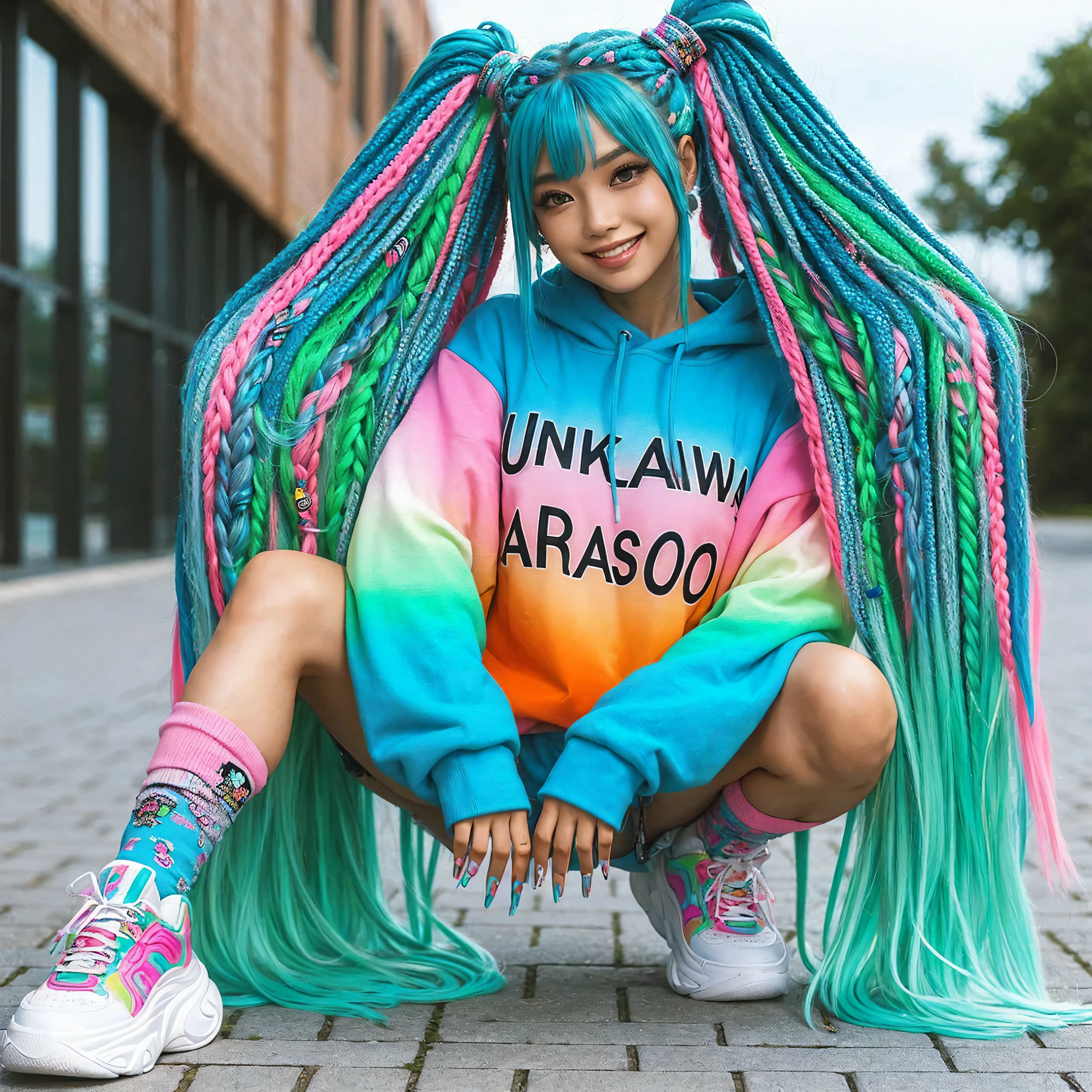 Full body shot of an asian woman wearing colorful streetwear that says "Unikawa Araso", White shoes, with long colorful dreadlocks, box braids, colorful pigtails, lisa frank style, colorful!!!, posing for a stylish photo shoot candid, she is happy and smiling, teal long braided hair, bright color, bright color, with aqua neon dreadlocks, multi-colored, lisa frank style, colorful hair, turquoise pink and green, outdoor background, photorealistic, ultra high definition, 16K