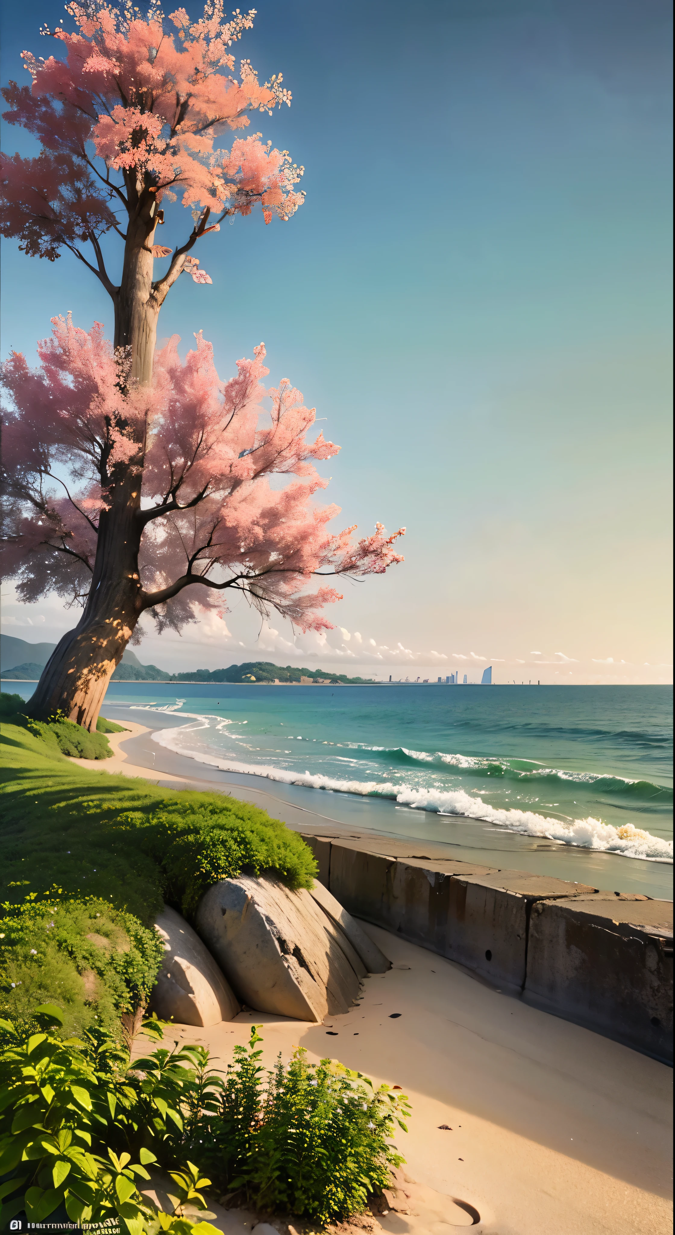 an amazing pink tree on a rock on the beach, in the style of realistic depiction of light, passage, faith-inspired art, abandoned spaces, light-filled scenes, immersive environments, flower and nature motifs --ar 14:25  