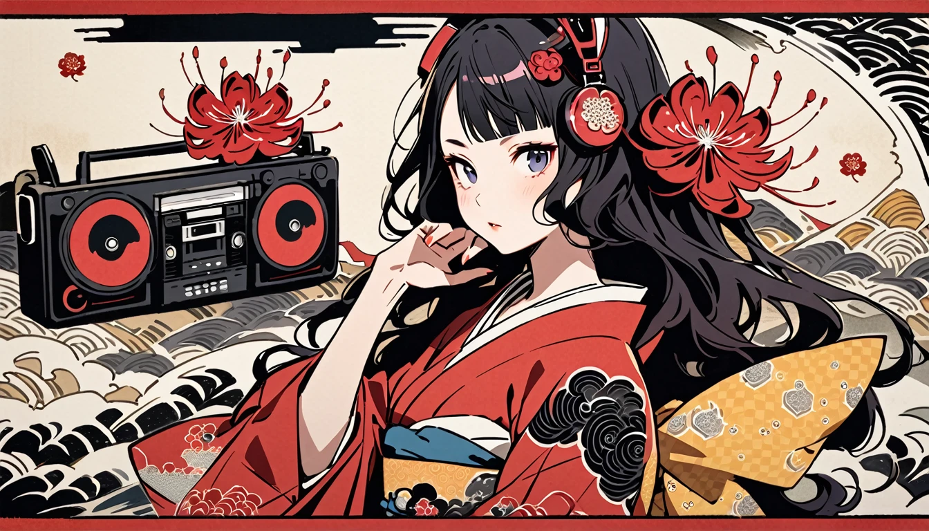 tatoo, Highest quality, Katsushika Hokusai, Ink Painting, (((longhair))), (((Pale red kimono))), (((Boombox))), Patterned headphones, Red spider lily, beautiful girl, Black Hair, Delicate and precise, Modern ukiyo-e style,