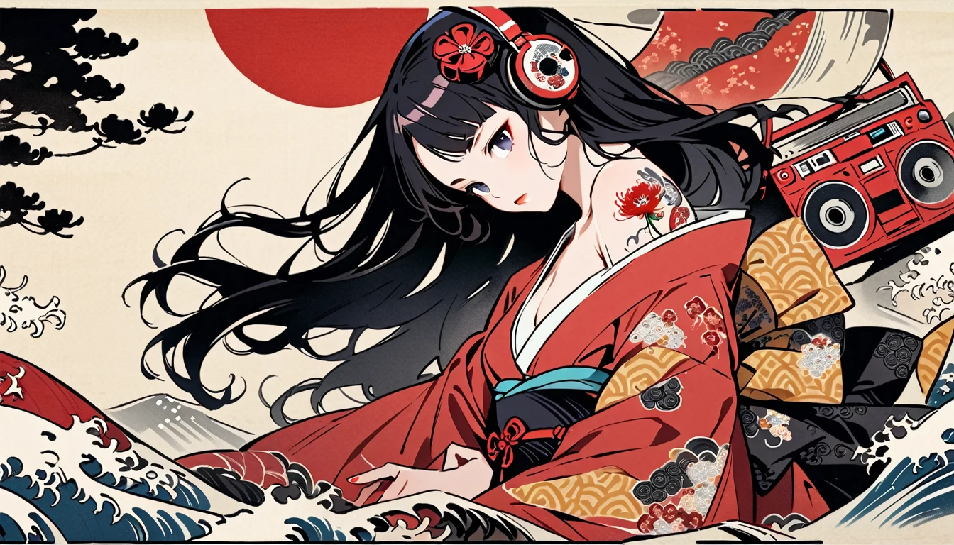 tatoo, Highest quality, Katsushika Hokusai, Ink Painting, (((longhair))), (((Pale red kimono))), (((Boombox))), Patterned headphones, Red spider lily, beautiful girl, Black Hair, Delicate and precise, Modern ukiyo-e style,