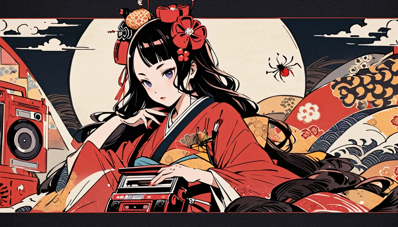 tatoo, Highest quality, Katsushika Hokusai, Ink Painting, (((longhair))), (((Pale red kimono))), (((Boombox))), Patterned headphones, Red spider lily, beautiful girl, Black Hair, Delicate and precise, Modern ukiyo-e style,