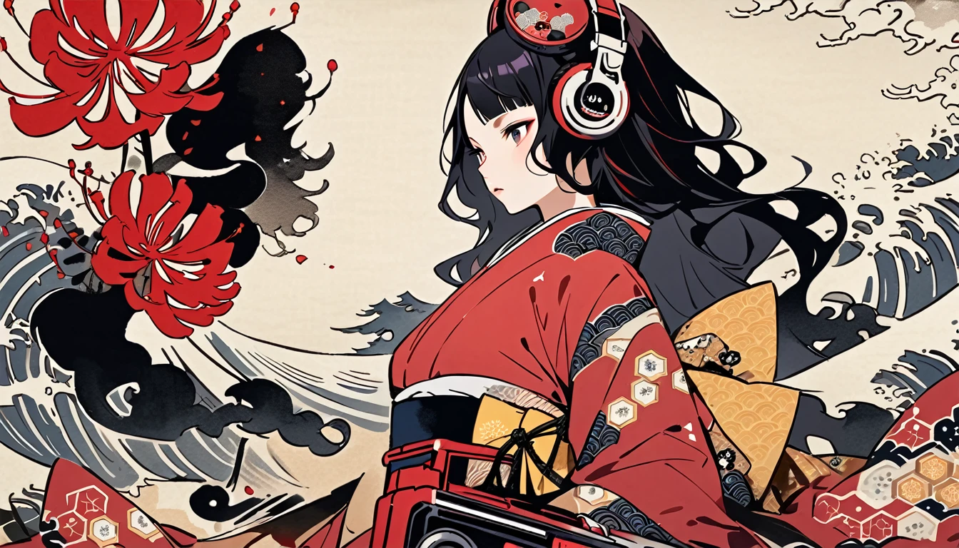 tatoo, Highest quality, Katsushika Hokusai, Ink Painting, (((longhair))), (((Pale red kimono))), (((Boombox))), Patterned headphones, Red spider lily, beautiful girl, Black Hair, Delicate and precise, Modern ukiyo-e style,