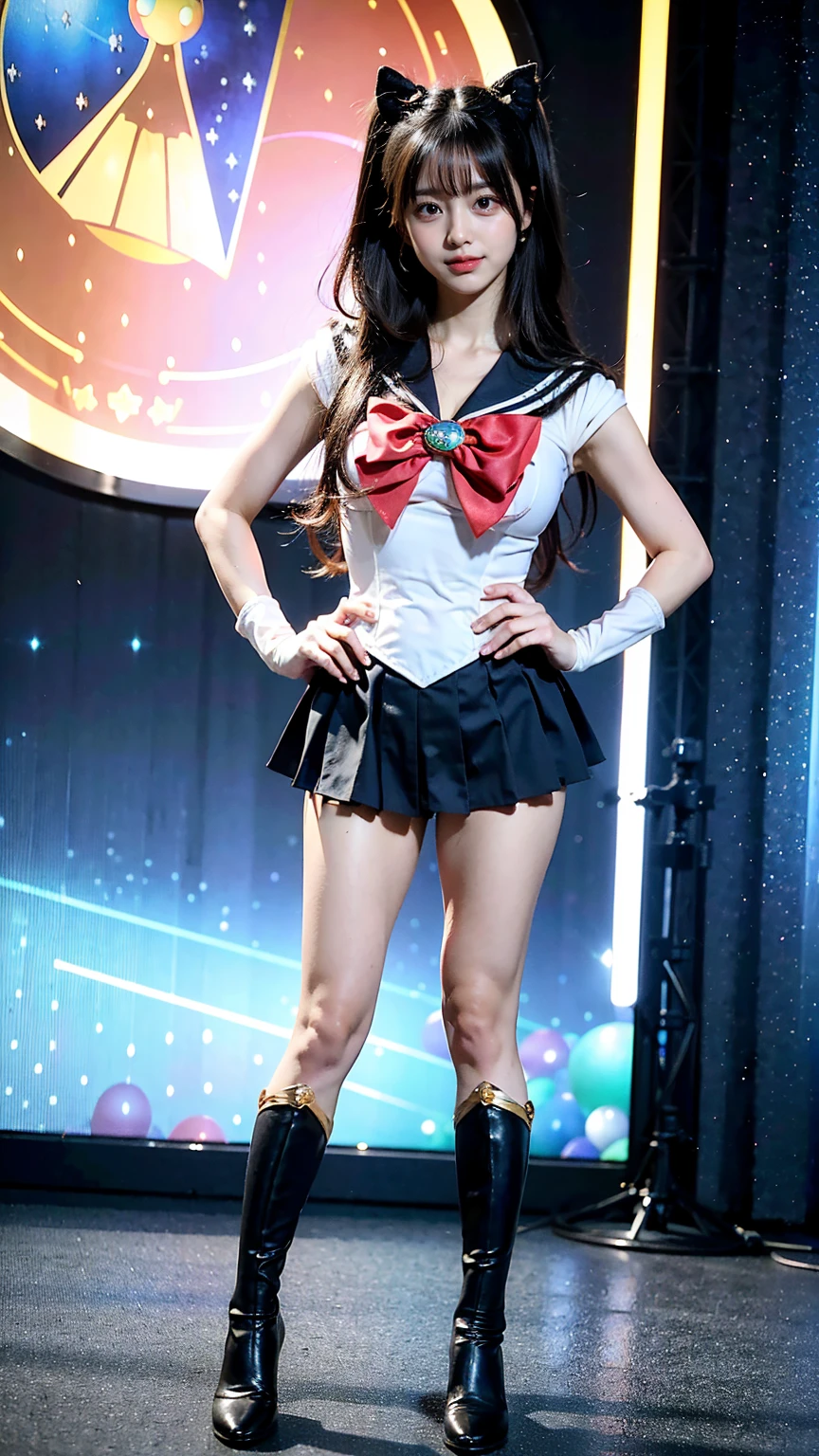 (8K、RAW Photos、Highest quality、masterpiece:1.2)、(Realistic、Realistic)、1 Girl、((Sailor Moon Costume:1.2、Thin legs、whole body、View from the front、smile、Looking into the camera、Stand with hands on hips))、cute