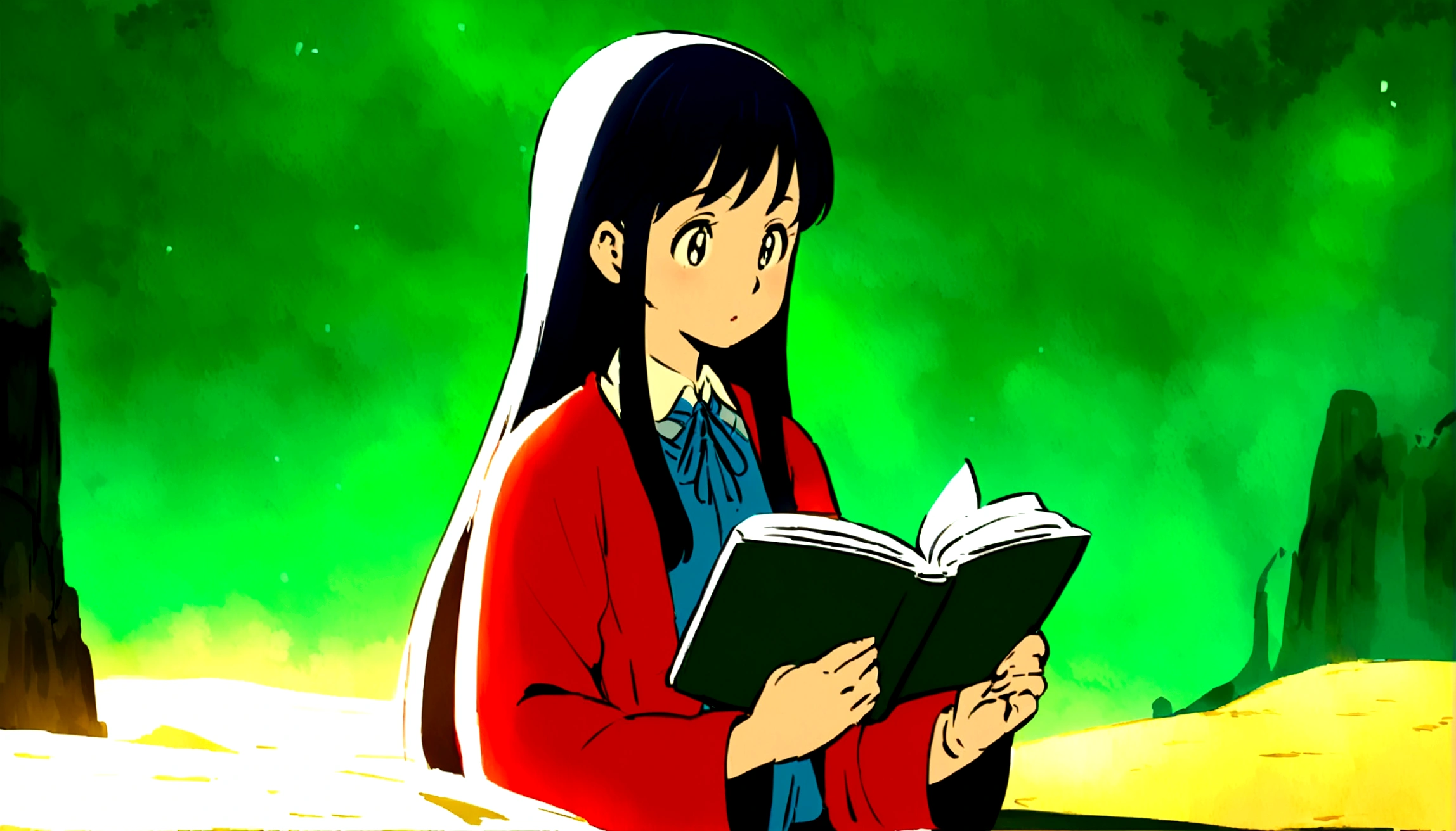 Anime girl reading a book in a brightly lit forest, Ghibli anime style style, Ghibli anime style, by Makoto Shinkai, Inspired by Makoto Shinkai, by Hayao Miyazaki、Your Name、Spirited Away