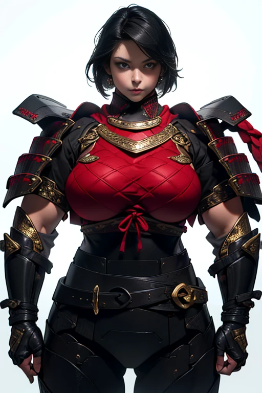 (High resolution, Pixels are perfect, luxurious illustration), (hyper quality, masutepiece, Ethereal: 1.4),(Solo:1.4), Black hair, ((((Very short hair)))), Yellow eyes, (angry), pale skin, (((((((muscular))))))), ((thick thighs)), ((Huge breasts)), (((((((Woman))))))), ((((A MILF)))), Samurai, (Japanese armor)), (((Red armor))), (Black Leotard), (((wide hips))), ((greybackground)), (Shiny skin), ((((overexposure)))),