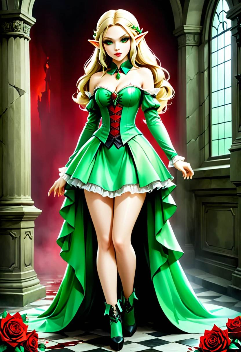 Dark fantasy art, fantasy art, goth art, a picture of the elf Princess Zelda as vampire, exquisite beauty, full body shot, dark glamour shot, pale white skin, blond hair, long hair, wavy hair, (glowing green: 1.3) eyes, she wears a (green: 1.3) intricate glamour dress, thigh high heeled boots,((blood stains: 1.3)),  roses vibrant, Ultra-high resolution, High Contrast, (masterpiece:1.5), highest quality, Best aesthetics), best details, best quality, highres, ultra wide angle, 16k, [ultra detailed], masterpiece, best quality, (extremely detailed), betmd, high heells, dark castle porchm, dark, black and colorm, Dark Art Painting Style