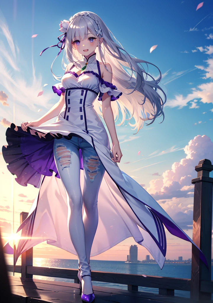 Emilia, Braiding, crown Braiding, flower, hair flower, hair ornaments, Hair Ribbon, Long Hair, Pointed Ears, (Purple eyes:1.2), Gray Hair, x hair ornaments,
blush,happy smile, smile, Open your mouth,Pointed Ears, white flower, x hair ornaments,Cold shoulder tops,Short sleeve,Skinny jeans,Stiletto heels,noon,Clear skies,Walking, whole bodyがイラストに入るように,　　　　　　　　　　　　　　　　　　　break looking at viewer, whole body, 　　　　　　　　break outdoors, Building district,　　　　　　　　　　　 break (masterpiece:1.2), Highest quality, High resolution, unity 8k wallpaper, (shape:0.8), (Beautiful and beautiful eyes:1.6), Highly detailed face, Perfect lighting, Highly detailed CG, (Perfect hands, Perfect Anatomy),