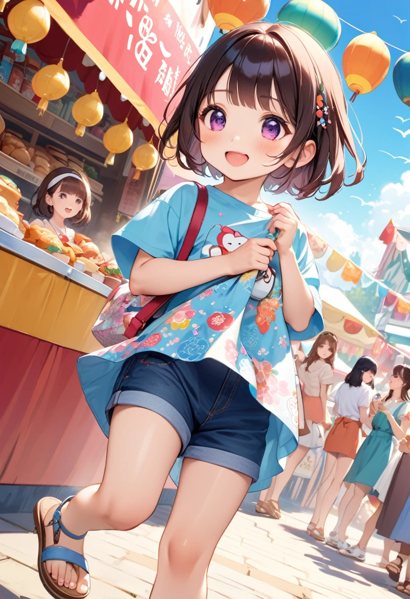 Highest quality、High resolution、Detailed Background、Beautiful face in every detail、Detailed facial expressions、Teenage beauty、Highly detailed face、cuteカラーの髪色、ponytail、Bob、cute仕草をする、Festival-day food stalls、Fun atmosphere、
(Festival-day food stallsを楽しんでいる2人の少女:1.5)、
Cotton candy in little hands、A big smile、In the midst of the festival bustle、Running with friends、
Shooting Challenge、Desperate for the prize、Goldfish scooping is also fun、Gently pick it up、
The aroma of freshly fried yakisoba、I'm getting hungry、Play to your heart's content、enjoy、
My heart leaps、A festival under the blue sky、A child's innocent smile、It turns into a warm memory、
T-shirts with flashy designs and characters、Knee-length shorts、Denim or cotton、
Sandals or sneakers、Dresses and tunics、Something that is easy to move in and cool、
The gorgeous print is adorable、Pochette、
Brightly colored items and character motifs、cute
