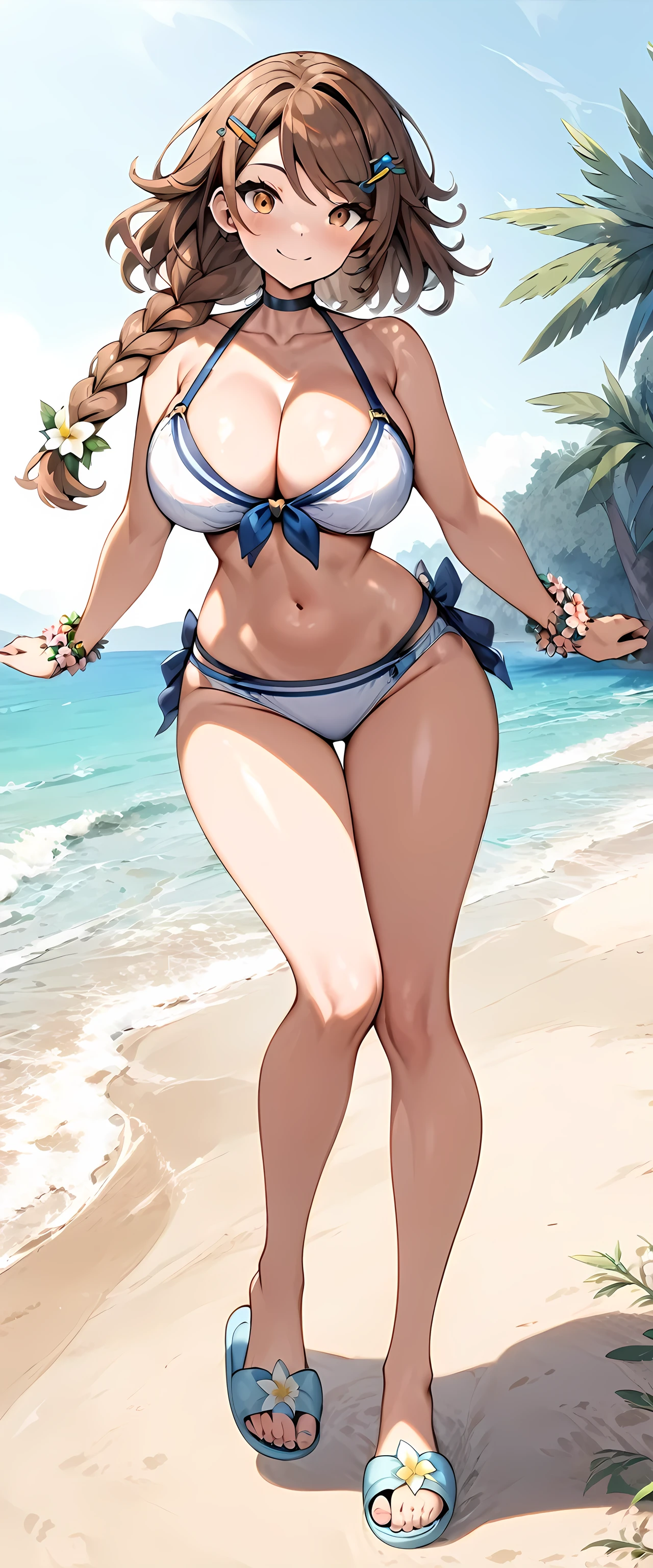 (masterpiece), best quality, expressive eyes, perfect face,1girl,beach, swept bangs, single braid, side braid, hairclip, hair ornament, brown hair, brown eyes, braid, pokemonjuliana,big breasts, sailor bikini,full body,smile,flower bracelet,slippers