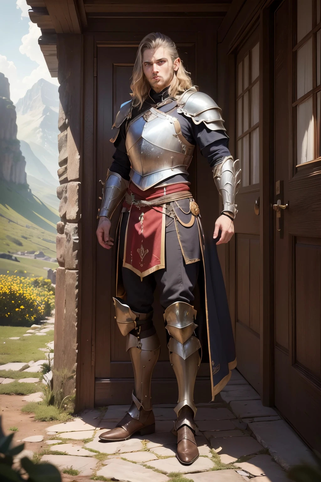 ((best quality)), ((masterpiece)), (detailed), Prize-winning works, with incredible details, maximum textures and details, uhd ,8K,super resolution ,depth of field, retina, masterpiece, textured skin, super detail, high details, highres ,(Numerous prize-winning works, with incredible details, maximum textures and details), (hyperrealisti:1.4), (Full-body image:1.8),((Fantasy world)), 1 Male soldier with dark blonde hair , super detailed eyes ,barba , Using light plate armor, Standing in a valley with mountains, Coraggioso, Tolkien, Lord of the Rings