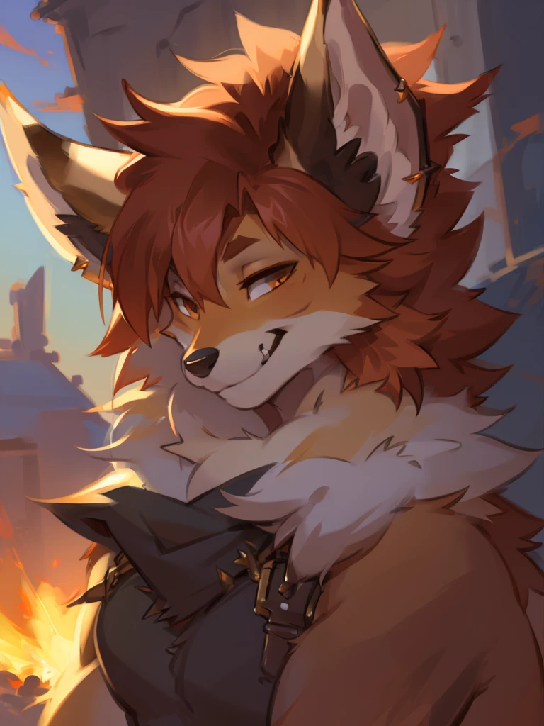 anthro furry male coyote red and white tan color fur spikey hair smug expression headshot bust best quality, 4k, (by foxovh, rOSS tran, pino daeni),