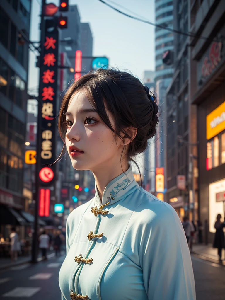 a beautiful girl in vintage colors aodai , masterpiece, best quality, realistic:1.3, street, cyberpunk, sunlight, backlighting, artstation, intricate details, vignette
