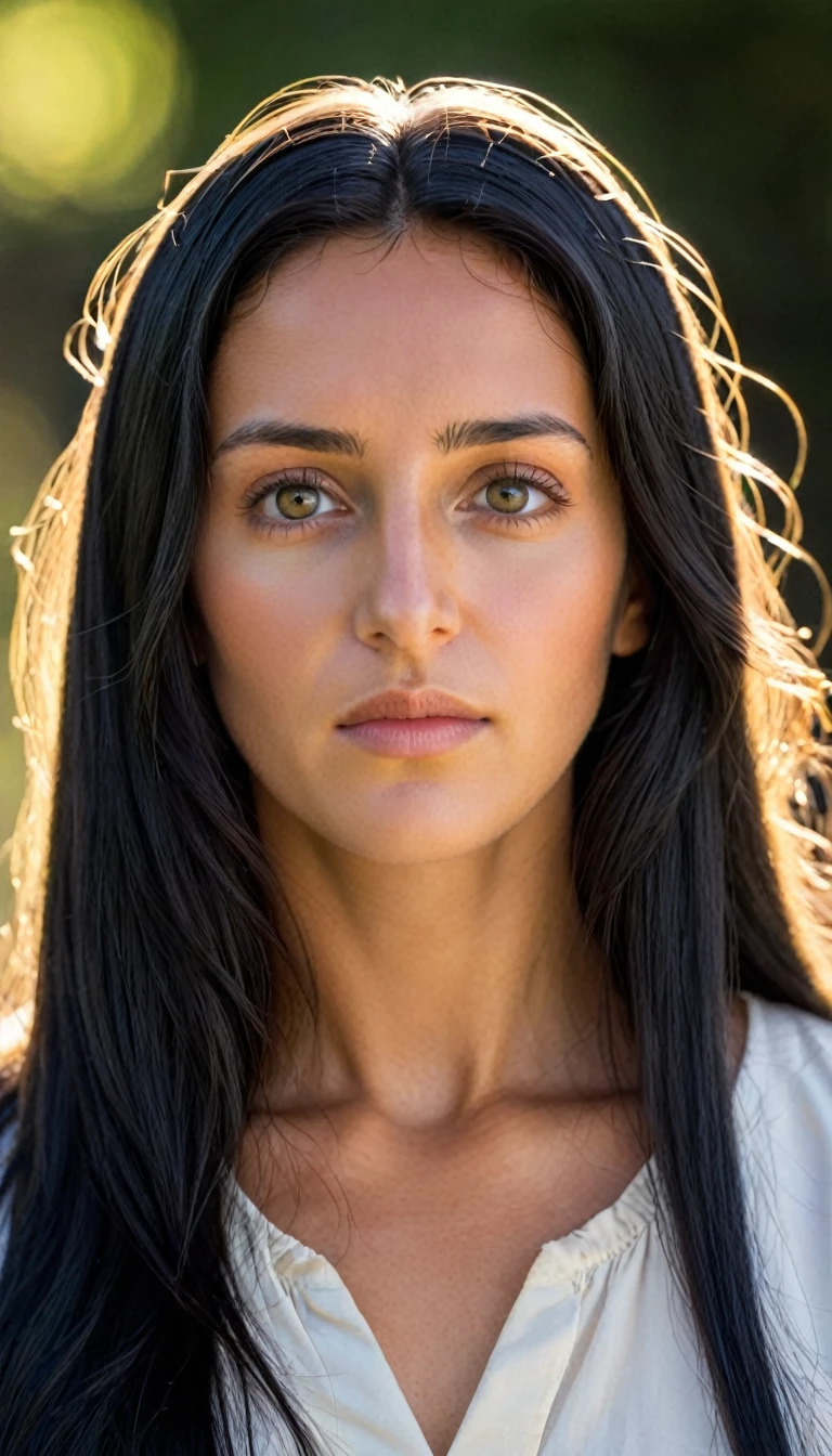 Frontal portrait (from the front) Mary, Mother of Jesus, (eyes steady and aligned towards the camera)(symmetry in frontal portrait) (young woman punished by the sun) capturing her face (sample black hair).(Mary, Mother of Jesus) lighting and senario of the time (simple clothing of the time))