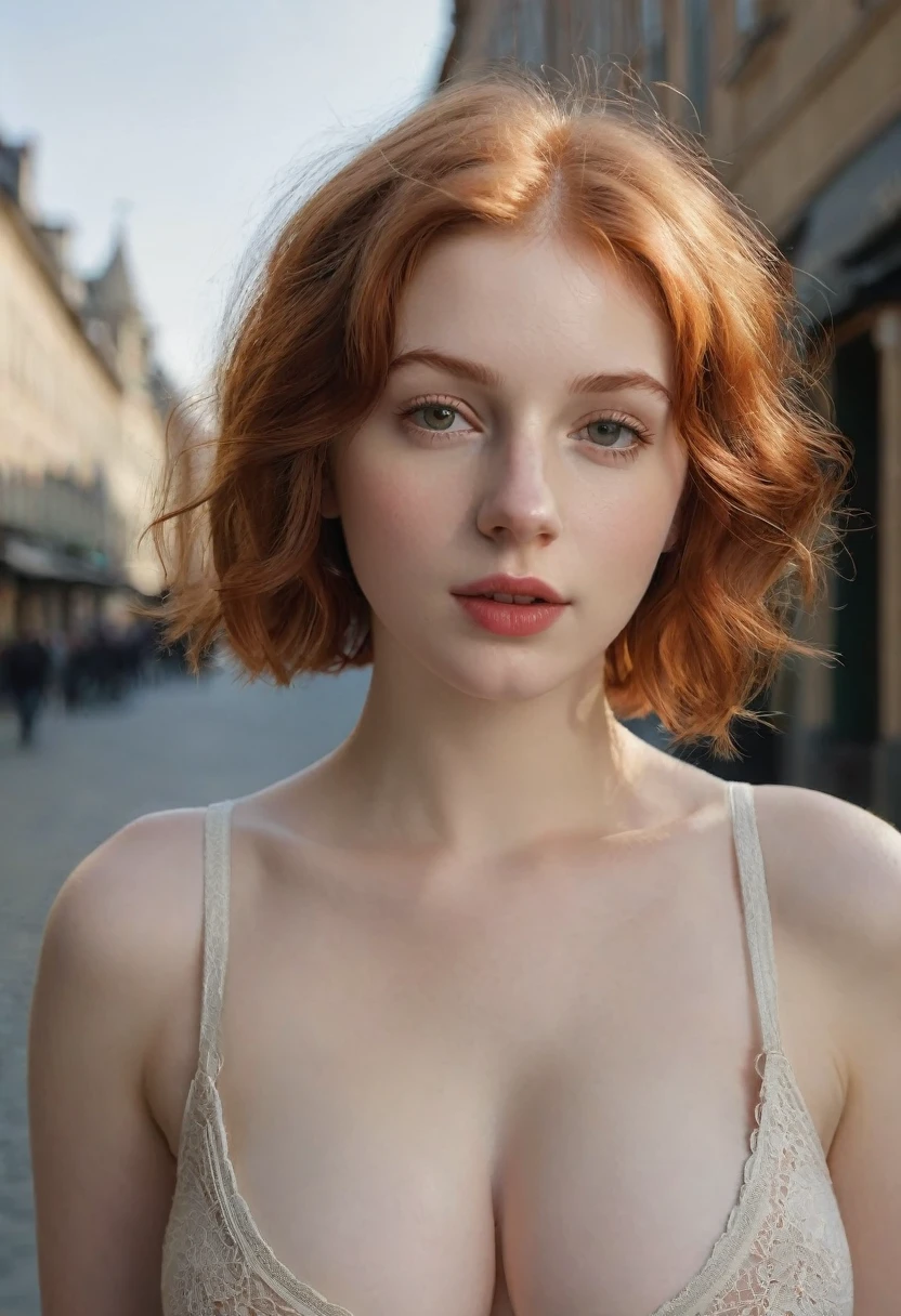 A young woman poses on a quiet street in a resort town. The girl has extremely detailed eyes, beautiful lips, long eyelashes and perfect anatomy. Her fragile body and hands are worked out to the smallest detail, with realistic, photorealistic and the highest quality rendering. The lighting is Rembrandt-esque, creating a dramatic, masterpiece scene. She has a European appearance, with a cute oval face, short red hair and huge breasts. The woman poses in a retro style, looking like a high quality work of photographer David Dubnitsky. Her pale skin shows pores and moles, and she is wearing a tight T-shirt and short shorts. She removes the short shorts and exposes her bare pussy. The scene was shot on a DSLR camera in 8K UHD resolution, with soft lighting and film grain.