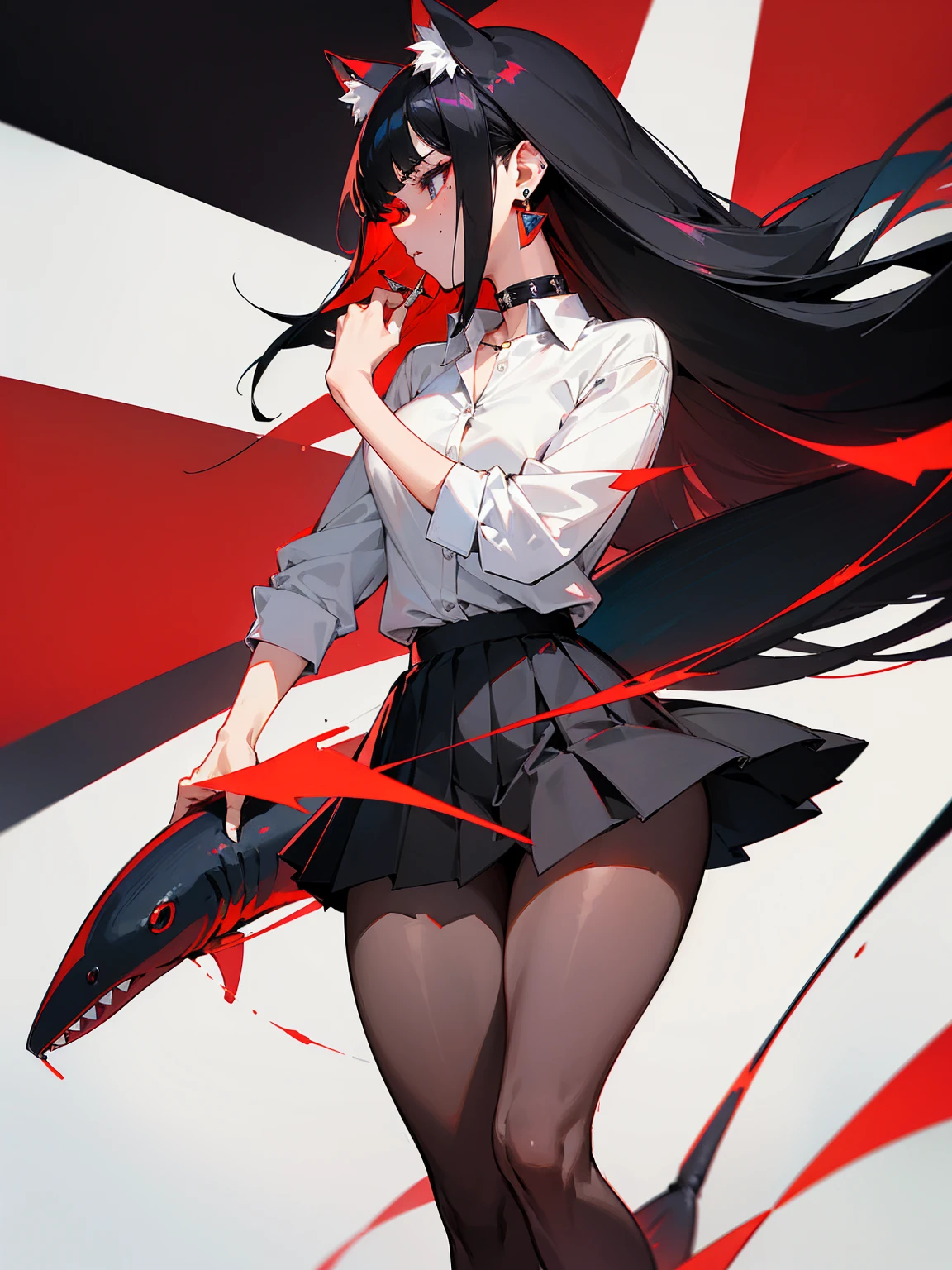 ((Long Straight Black hair)), Perfect face, Choker, Punk earrings, ((Tall)), ((High Quality)), Necklace, ((Mature)), Pretty Eyes, Sharp Nails, Bangs, ((1 Girl)), ((Multiple Earrings)), 1 girl, Spiky Earrings, Adult, Spiked Collar, Thin Eyelashes, Plain Background, Red Colors in Background, Shark Girl, Long Tail, Large Tail, Massive Tail, Shark Tail, ((Black Pleated Skirt With White Lines)), ((White Buttoned Shirt)), Close Up, Very Short Mini Skirt, Tall, Long Legs, Dynamic Pose, Black Tail, 2 moles under left eye, Wide Hips, Pantyhose, Thick Thighs, Vibrant Colors, Spreading Legs, Lewd, ((Muscular Legs)),