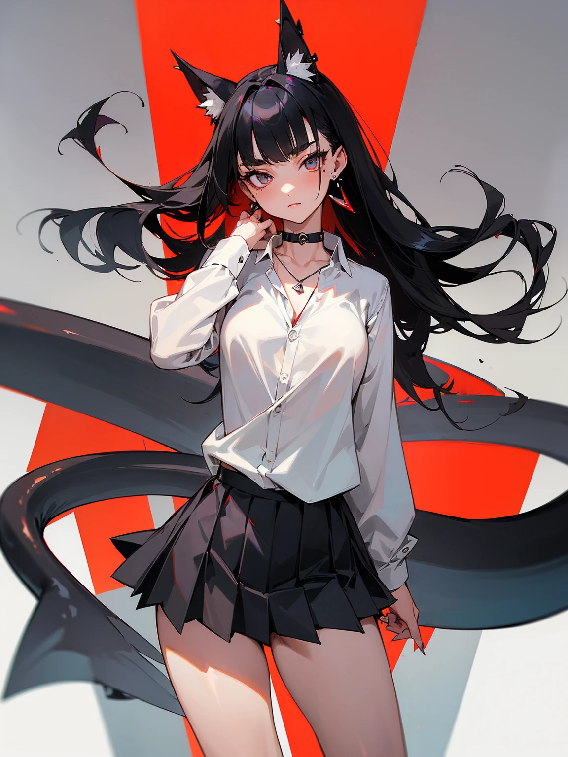 ((Long Straight Black hair)), Perfect face, Choker, Punk earrings, ((Tall)), ((High Quality)), Necklace, ((Mature)), Pretty Eyes, Sharp Nails, Bangs, ((1 Girl)), ((Multiple Earrings)), 1 girl, Spiky Earrings, Adult, Spiked Collar, Thin Eyelashes, Plain Background, Red Colors in Background, Shark Girl, Long Tail, Large Tail, Massive Tail, Shark Tail, ((Black Pleated Skirt With White Lines)), ((White Buttoned Shirt)), Close Up, Very Short Mini Skirt, Tall, Long Legs, Dynamic Pose, Black Tail, 2 moles under left eye, Wide Hips, Pantyhose, Thick Thighs, Vibrant Colors, Spreading Legs, Lewd, ((Muscular Legs)),