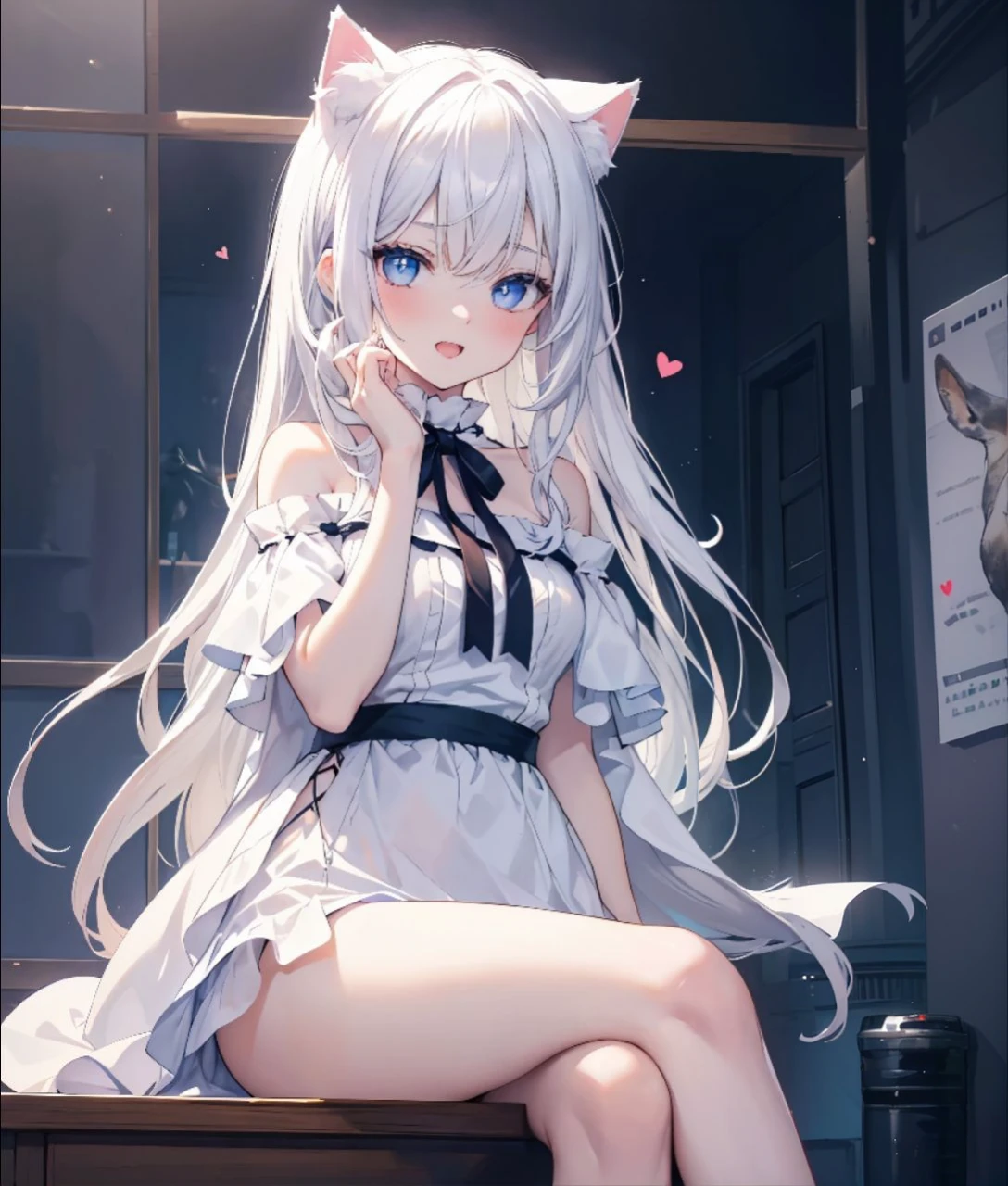 Masutepiece, Highest Quality, (Perfect face:1.1), (high detailing:1.1), (ultradetailed eyes), Dramatic,superfine illustration,Extremely detailed, 1girl in,teenager,(pale skin),long white hair,Ethereal eyes,Blue eyes, With eyes highlights,with heart-shaped eyes,Solo,Smile,Happy,Laugh,Enjoy, Open mouth,Pouty lips,Cinematic lighting, Cowboy Shot, sitting on the floor,whitedress, off shoulder,outdoor,bluesky,sunny, neko ears, cat ears, white cat tail, sitted on a desk with crossed legs, blush seductive expression, eye focus super defined with pupils