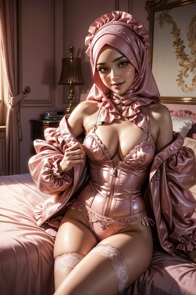 a woman in hijab, sexy pink ruffle jacket lingerie set, stockings, portrait, smiling, in bedroom, intricate detailed facial features, beautiful detailed eyes, beautiful detailed lips, extremely detailed face, long eyelashes, photorealistic, 8k, best quality, high resolution, masterpiece, ultra-detailed, realistic, vivid colors, soft lighting, warm color tone, romantic, sensual, alluring