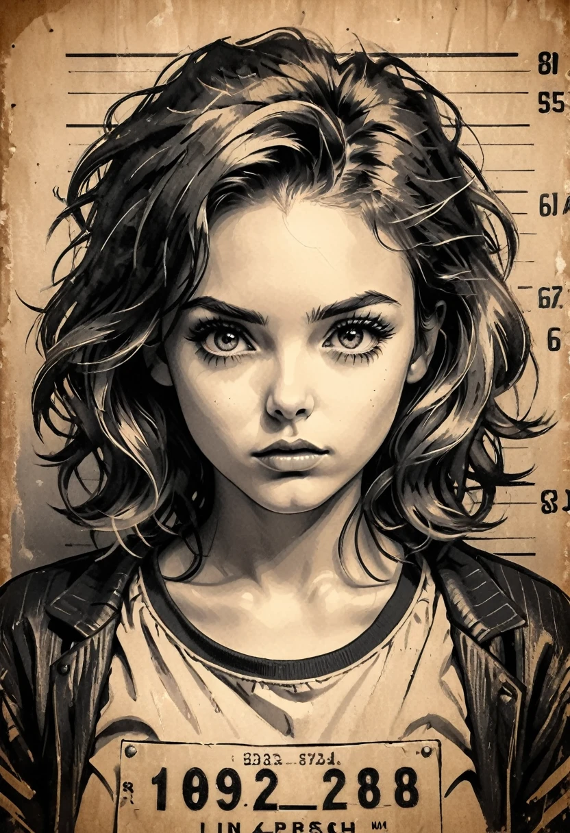 A girl in a mugshot, sketch, black and white, detailed features, cute, vintage style, high contrast lighting, expressive eyes, tousled hair. (best quality, highres, realistic:1.37), vintage, monochrome, intense gaze, dramatic lighting, rugged background, distressed paper texture, retro vibes, id photo, front view