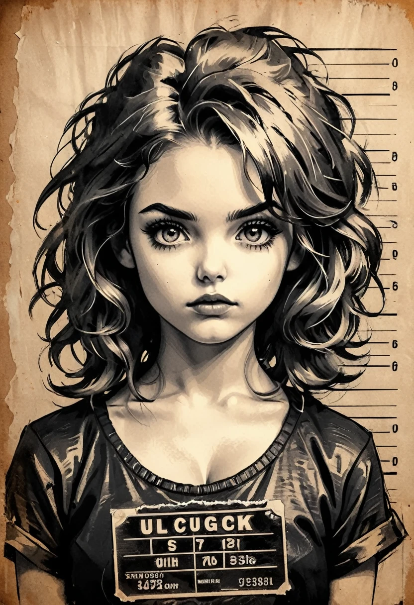 A girl in a mugshot, sketch, black and white, detailed features, cute, vintage style, high contrast lighting, expressive eyes, tousled hair. (best quality, highres, realistic:1.37), vintage, monochrome, intense gaze, dramatic lighting, rugged background, distressed paper texture, retro vibes, id photo, front view