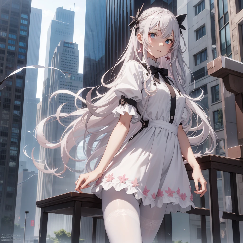 1 girl，Has a pair of long legs，Open your eyes wide，heterochromia , red eyes, gray eyes, white earrings，She has long pink gray hairu，loose hair，Pink wavy long curly hair，Wearing a pair of black boots，White sleeves，Wearing white lace pantyhose，Pantyhose with bow and star decorations，White lace whole body， on a tall building in the city，Beautiful appearance，Exquisite makeup，quality，8K，High quality，Perfect proportion, Cinema lighting，film grain，Fuji colors，8K，textured skin，Super details，high detail，high resolution，charming，blood stains，Blood stains on the soles of feet，whole body，Obese, feather，flowers