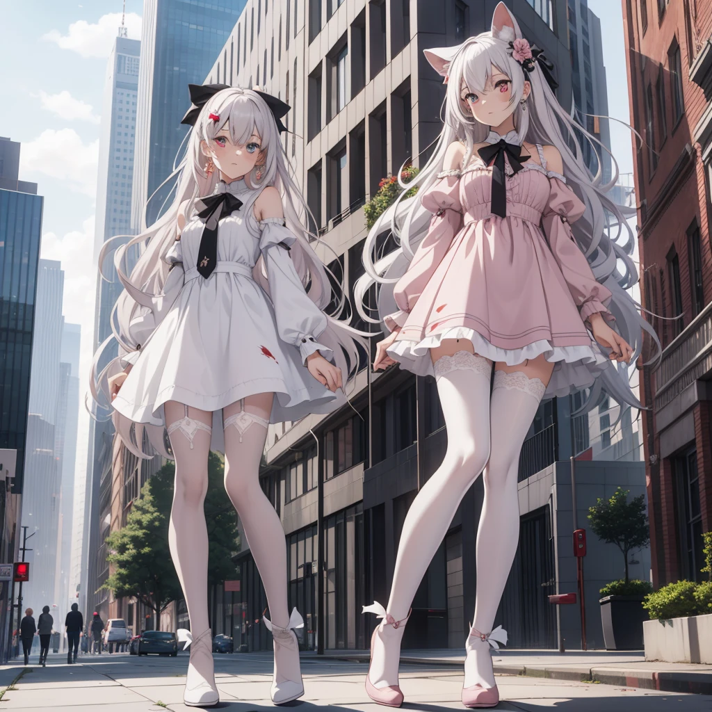 1 girl，Has a pair of long legs，Open your eyes wide，heterochromia , red eyes, gray eyes, white earrings，She has long pink gray hairu，loose hair，Pink wavy long curly hair，Wearing a pair of black boots，White sleeves，Wearing white lace pantyhose，Pantyhose with bow and star decorations，White lace whole body， on a tall building in the city，Beautiful appearance，Exquisite makeup，quality，8K，High quality，Perfect proportion, Cinema lighting，film grain，Fuji colors，8K，textured skin，Super details，high detail，high resolution，charming，blood stains，Blood stains on the soles of feet，whole body，Obese, feather，flowers