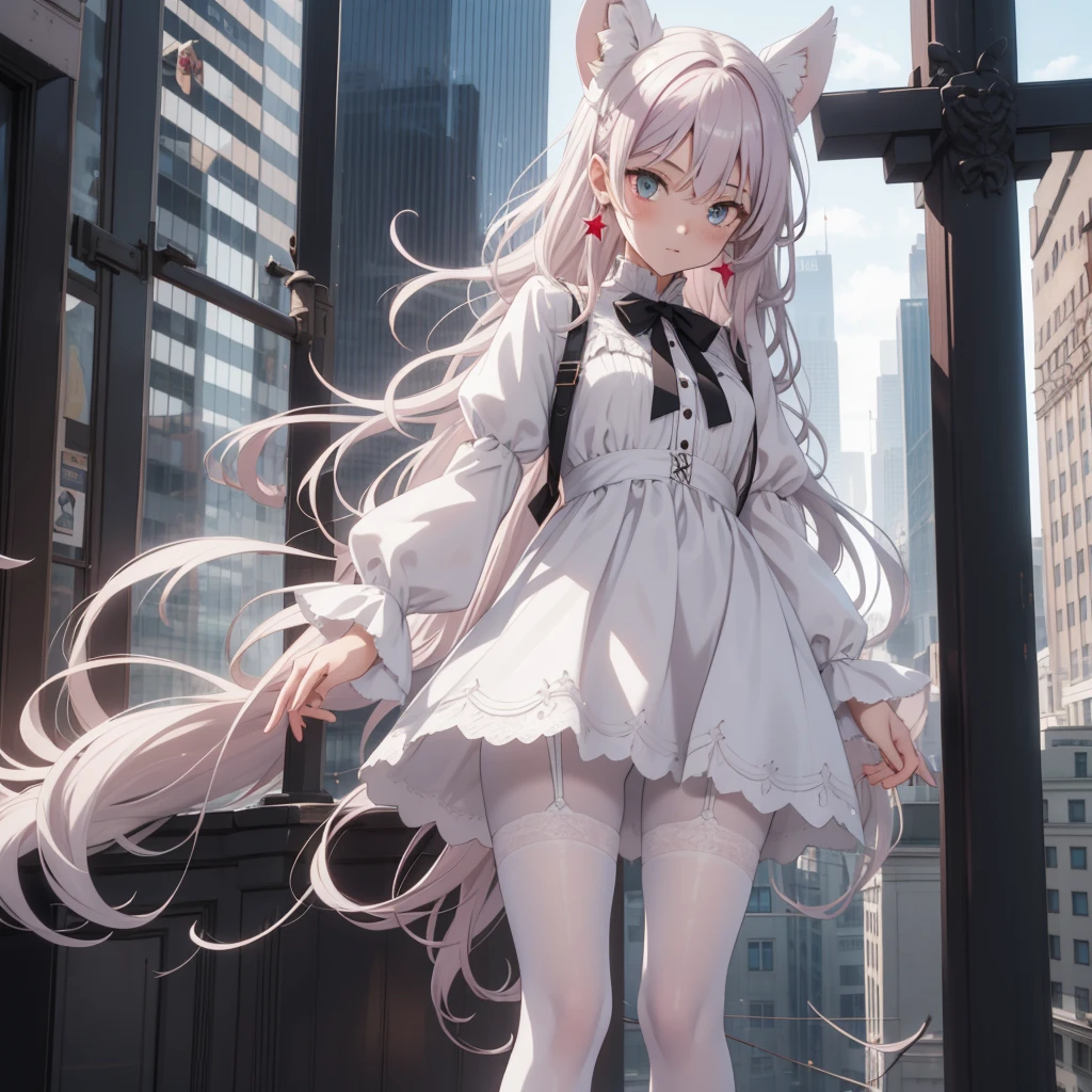 1 girl，Has a pair of long legs，Open your eyes wide，heterochromia , red eyes, gray eyes, white earrings，She has long pink gray hairu，loose hair，Pink wavy long curly hair，Wearing a pair of black boots，White sleeves，Wearing white lace pantyhose，Pantyhose with bow and star decorations，White lace whole body， on a tall building in the city，Beautiful appearance，Exquisite makeup，quality，8K，High quality，Perfect proportion, Cinema lighting，film grain，Fuji colors，8K，textured skin，Super details，high detail，high resolution，charming，blood stains，Blood stains on the soles of feet，whole body，Obese, feather，flowers