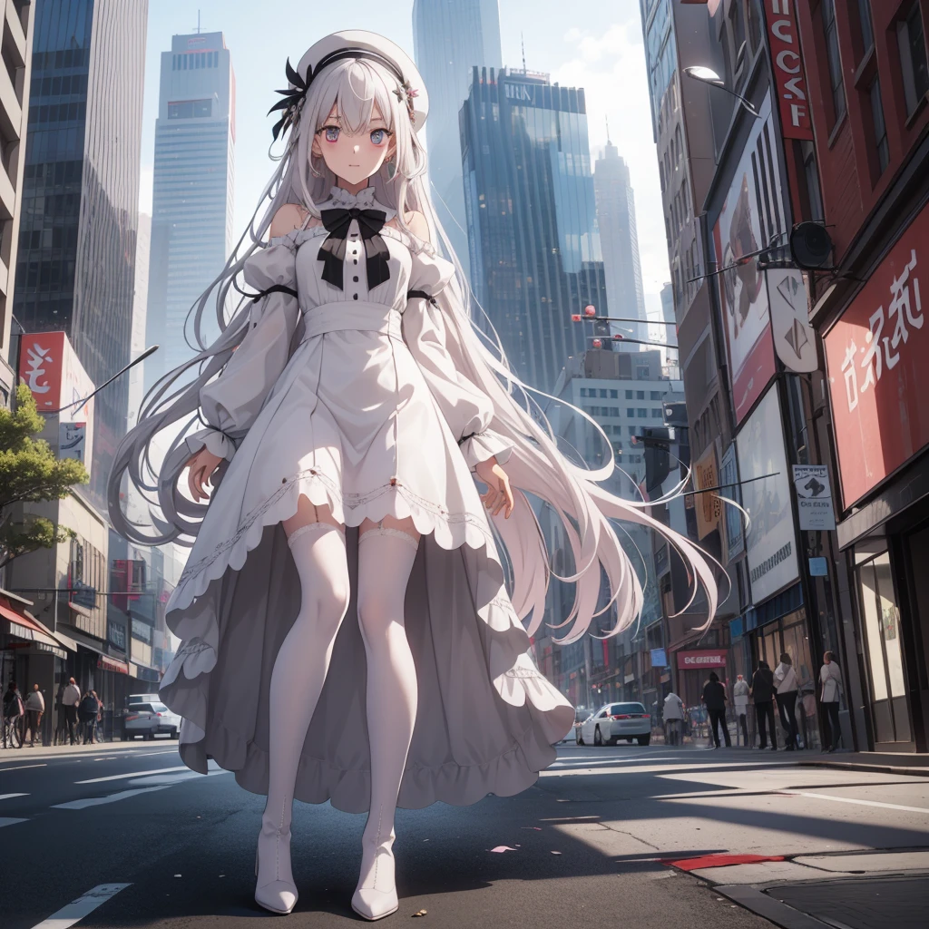 1 girl，Has a pair of long legs，Open your eyes wide，heterochromia , red eyes, gray eyes, white earrings，She has long pink gray hairu，loose hair，Pink wavy long curly hair，Wearing a pair of black boots，White sleeves，Wearing white lace pantyhose，Pantyhose with bow and star decorations，White lace whole body， on a tall building in the city，Beautiful appearance，Exquisite makeup，quality，8K，High quality，Perfect proportion, Cinema lighting，film grain，Fuji colors，8K，textured skin，Super details，high detail，high resolution，charming，blood stains，Blood stains on the soles of feet，whole body，Obese, feather，flowers