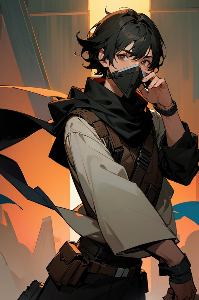 Male Star wars bounty hunter, Short black hair, light black clothes, brown eyes, big black scarf covering lower face
