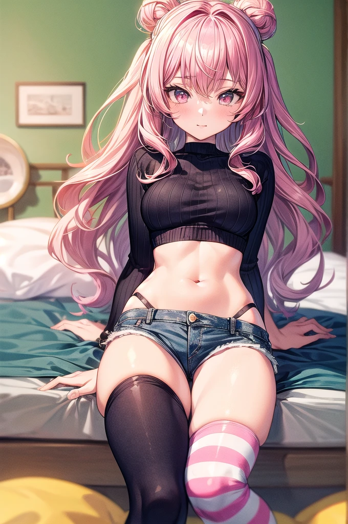 (masterpiece, best quality), 1girl, pink hair, crop top, denim shorts, bedroom, striped thighhighs, 