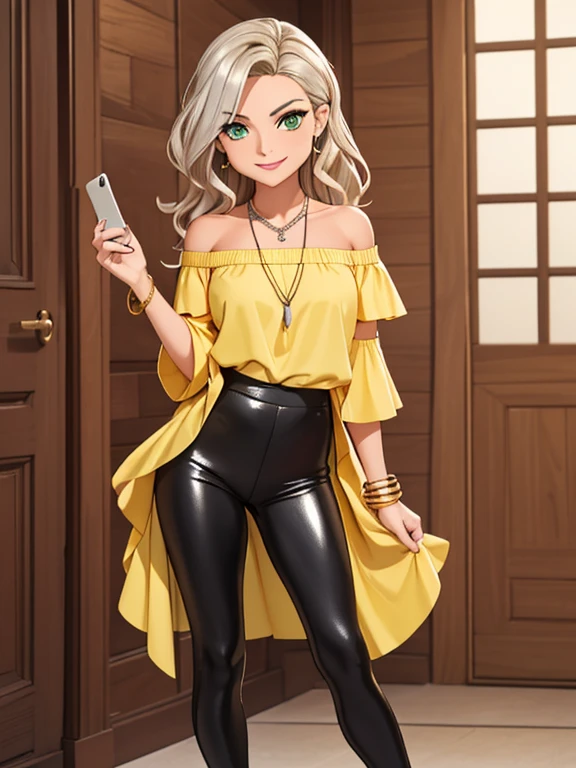 (4K quality), masterpiece, beautiful mature woman, she's 36s year old, standing at approximately 5'1" tall, has neck-length hair, her hair is golden blonde, wavy hair, has tan-olive skin, green eyes, she's looking at he camera with a confident smile, ((slim, petite)), her breasts are medium sized, ((Is wearing a yellow off-shoulder shirt, shiny black leggings, emerald necklace, silver bracelets and high-heels)), is wearing pink makeup, is wearing red lipstick, she's holding a cell phone
