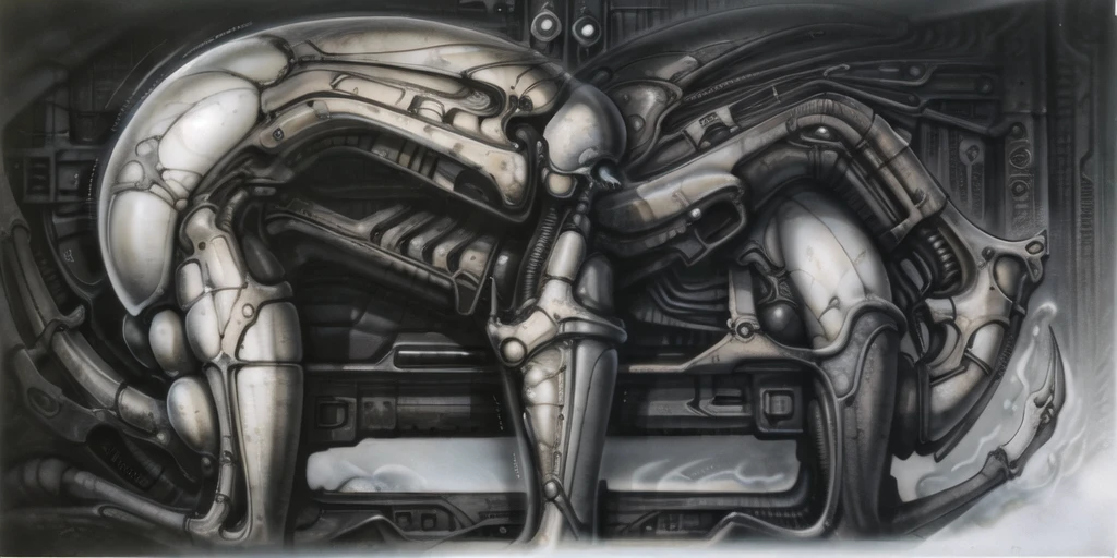 g1g3r, The image is a detailed view of H.R. Giger's \" Biomechanical Landscape No II \" plate, featuring a complex network of bones and organs in a purple-brown hue ,swirling gray and brown colors. The artwork is silver and purplish brown, with an ivory bones prominently displayed. The image is highly detailed and intricate, almost like a 3d version of a medical diagram (detailed view of an anatomy model, possibly of a human body, with transparent organs and bones exposed). The piece has a thick mechano-organic texture and is covered in fine details. The image has a swirling, organic quality to it. The artistic manner would be unmistakably Gigeresque. A dark and unsettling beauty would permeate the piece, blurring the lines between fascination and repulsion , forever haunted by the grotesque allure. Giger's signature artistic manner would be evident in every stroke. The airbrush would be wielded with masterful precision to create a hyperrealistic yet nightmarish aesthetic.
 The texture of ivory with signs of burning and fossilization can be seen in the mix of smooth and rough brushstrokes. By Peter mohrbacher, ooze soaked pajama top
