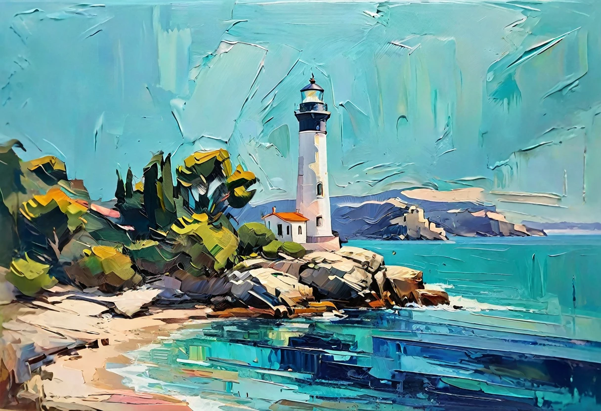 a thick textured oil painting, impasto brushstrokes, dry brushing,revealing underlayers, breathtaking composition, Create an art deco inspired illustration of A scenic lighthouse perched on a rocky coastline, overlooking the turquoise waters of Cala Ratjada. Include vibrant pastel colors, sleek lines, and a retro summer atmosphere. The style should be reminiscent of vintage travel posters with a modern twist, a thick textured oil painting, impasto brushstrokes, dry brushing,revealing underlayers, breathtaking composition