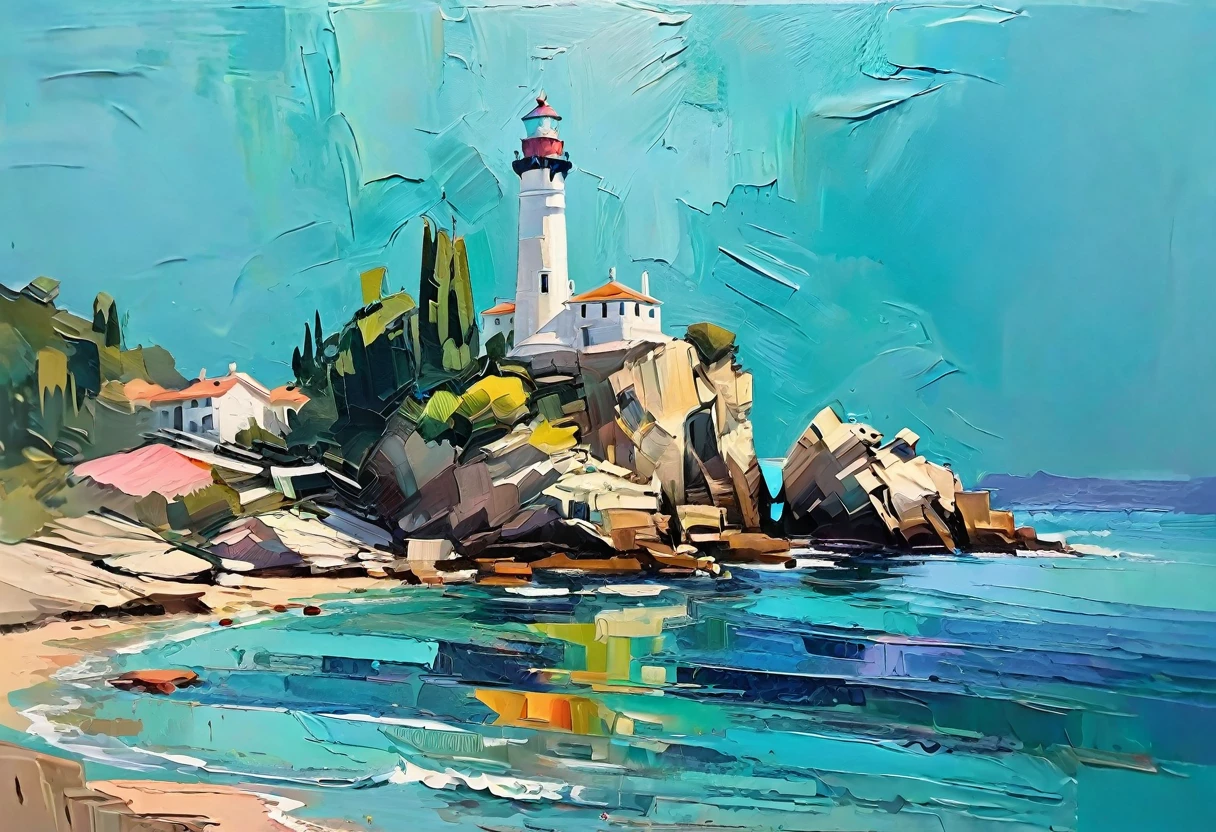 a thick textured oil painting, impasto brushstrokes, dry brushing,revealing underlayers, breathtaking composition, Create an art deco inspired illustration of A scenic lighthouse perched on a rocky coastline, overlooking the turquoise waters of Cala Ratjada. Include vibrant pastel colors, sleek lines, and a retro summer atmosphere. The style should be reminiscent of vintage travel posters with a modern twist, a thick textured oil painting, impasto brushstrokes, dry brushing,revealing underlayers, breathtaking composition