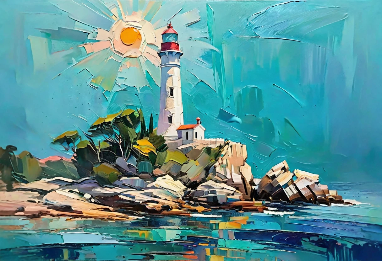 a thick textured oil painting, impasto brushstrokes, dry brushing,revealing underlayers, breathtaking composition, Create an art deco inspired illustration of A scenic lighthouse perched on a rocky coastline, overlooking the turquoise waters of Cala Ratjada. Include vibrant pastel colors, sleek lines, and a retro summer atmosphere. The style should be reminiscent of vintage travel posters with a modern twist, a thick textured oil painting, impasto brushstrokes, dry brushing,revealing underlayers, breathtaking composition