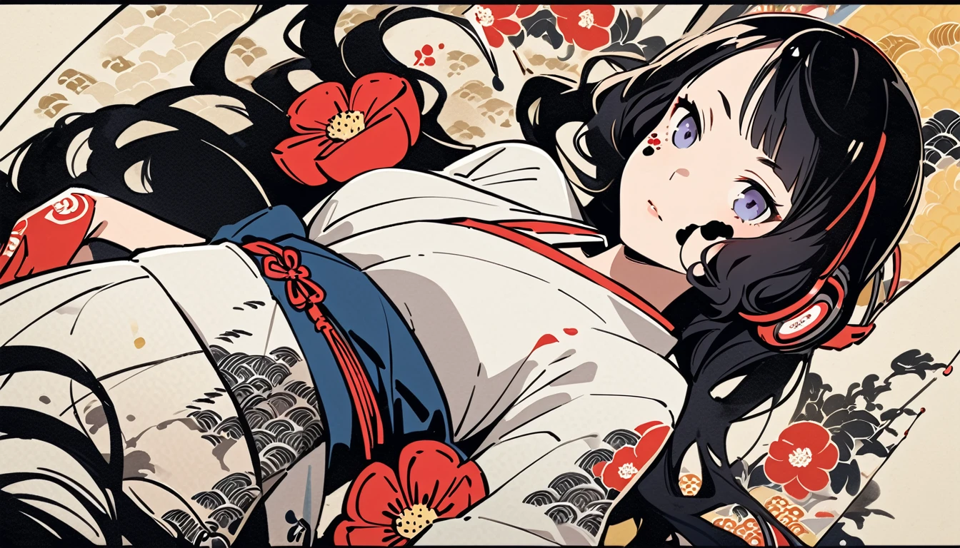 TATOO on the face, Highest quality, Katsushika Hokusai, Ink Painting, (((longhair))), (((White kimono))), Japanese style headphones, camellia, beautiful girl, Black Hair, Delicate and precise, Modern ukiyo-e style,