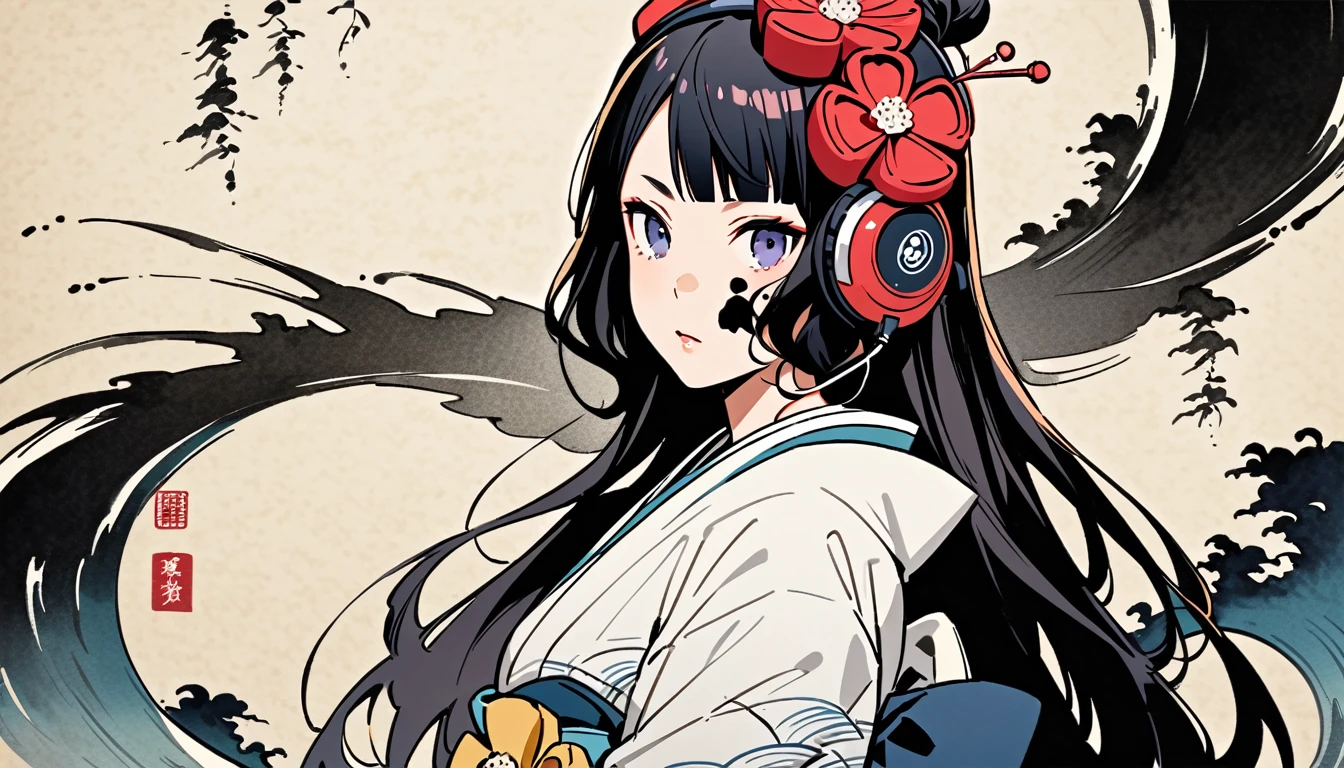 TATOO on the face, Highest quality, Katsushika Hokusai, Ink Painting, (((longhair))), (((White kimono))), Japanese style headphones, camellia, beautiful girl, Black Hair, Delicate and precise, Modern ukiyo-e style,