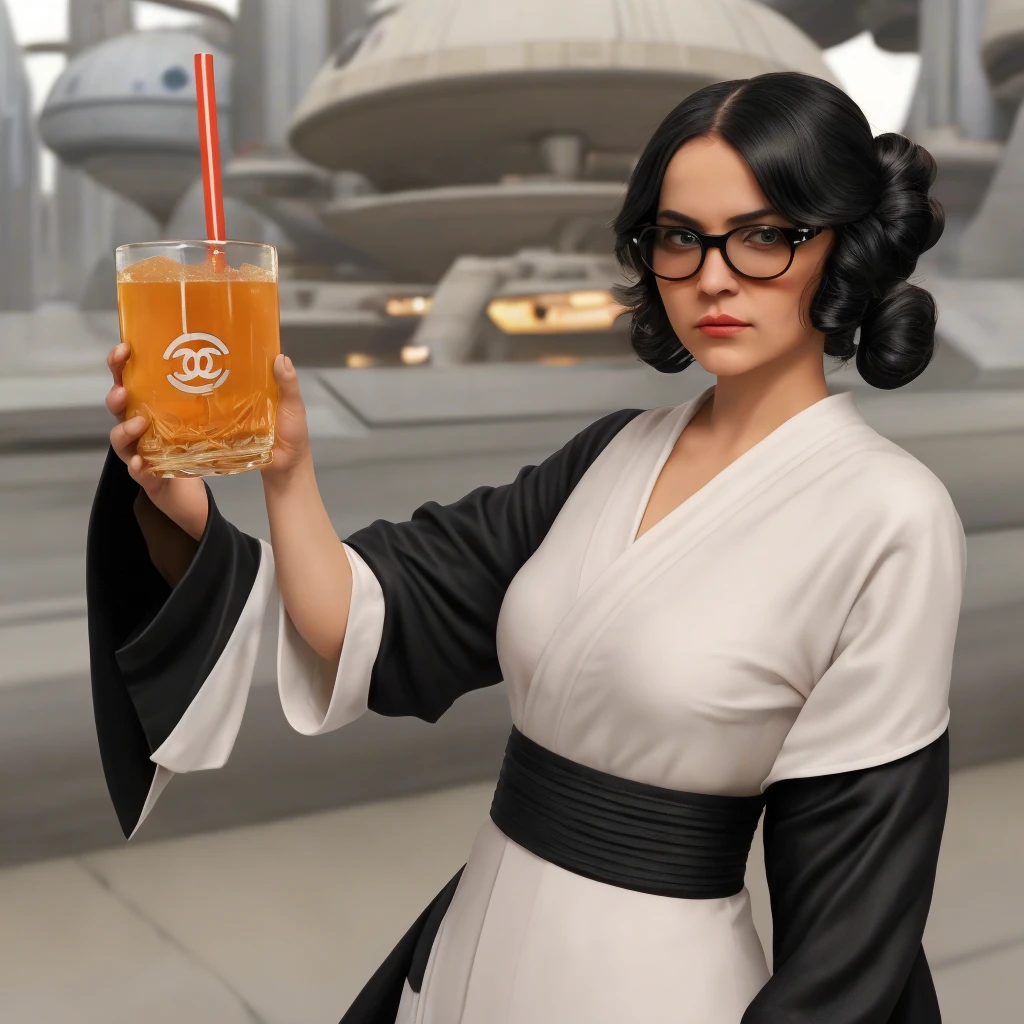 Create a imagem white woman, black round glasses, black hair chanel cut, black futuristic kimono,blue eyes, 
"FULL BODY"
star wars style 
she's in a urethane city coruscant planet star wars 
she has a face crazy and expression of boredom
with her third arm she is having a drink and realistic image, she has her back
she has 2 katanas on her back