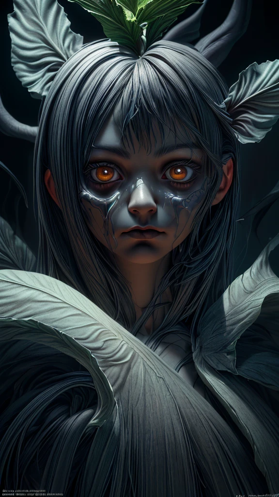 Surrealistic portrait: Create a portrait of a character by mixing realistic and surreal elements. For example, you can combine the human face with elements of animals, plants or inanimate objects.front focus), (in the dark:1.6), portrait, fantasy art, realistic photo, dynamic lighting, artstation, poster, volumetric lighting, very detailed faces, 4 k, award-winning  